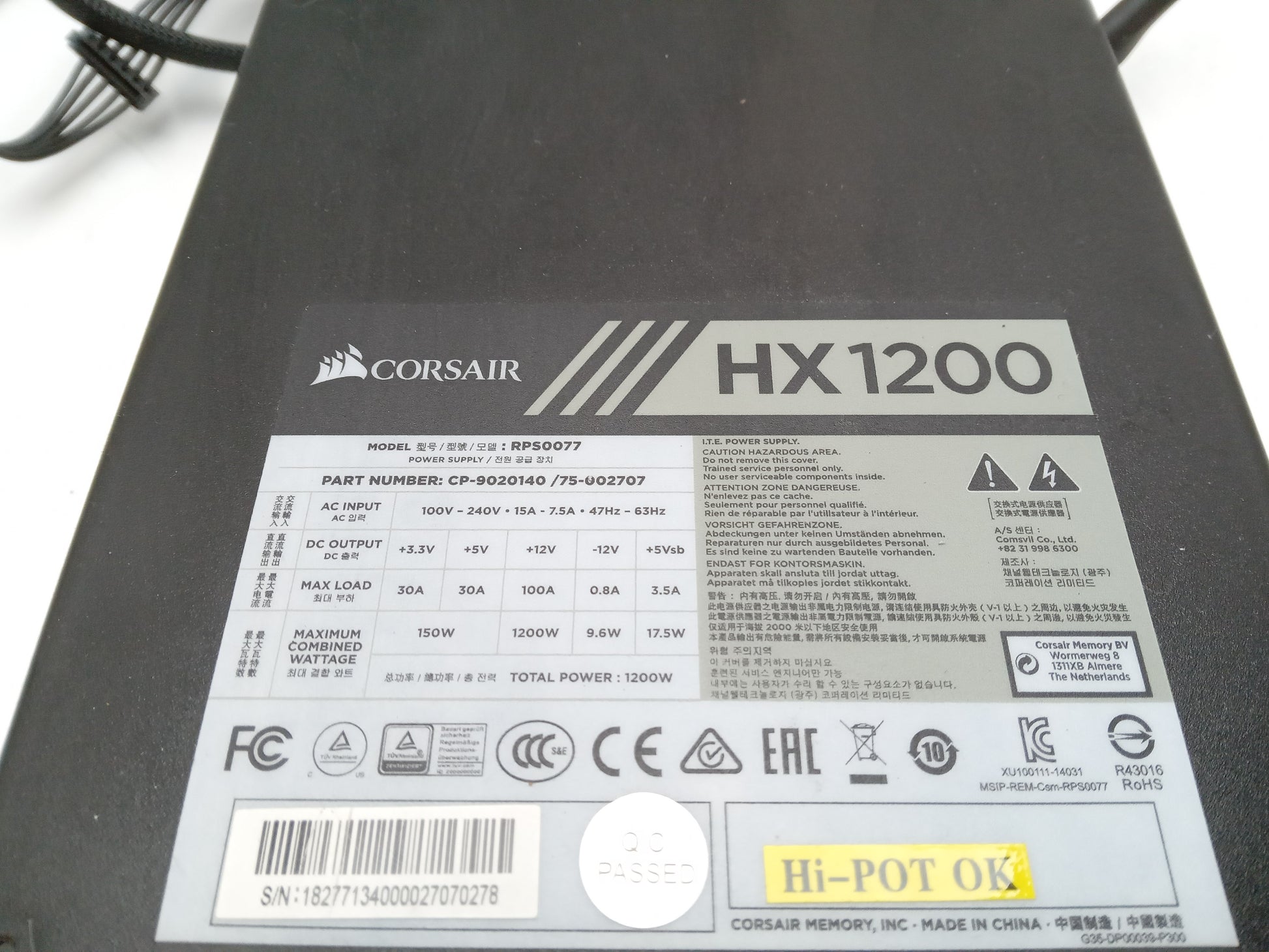 Corsair HX1200 1200W Modular Power Supply Unit RPS0077 CP-9020140 75-002707