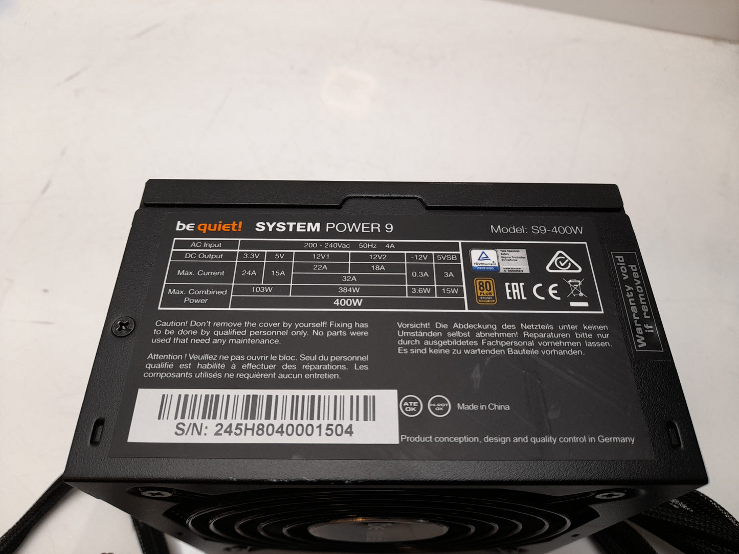 Be Quiet! S9-400W 400W ATX Power Supply Unit 