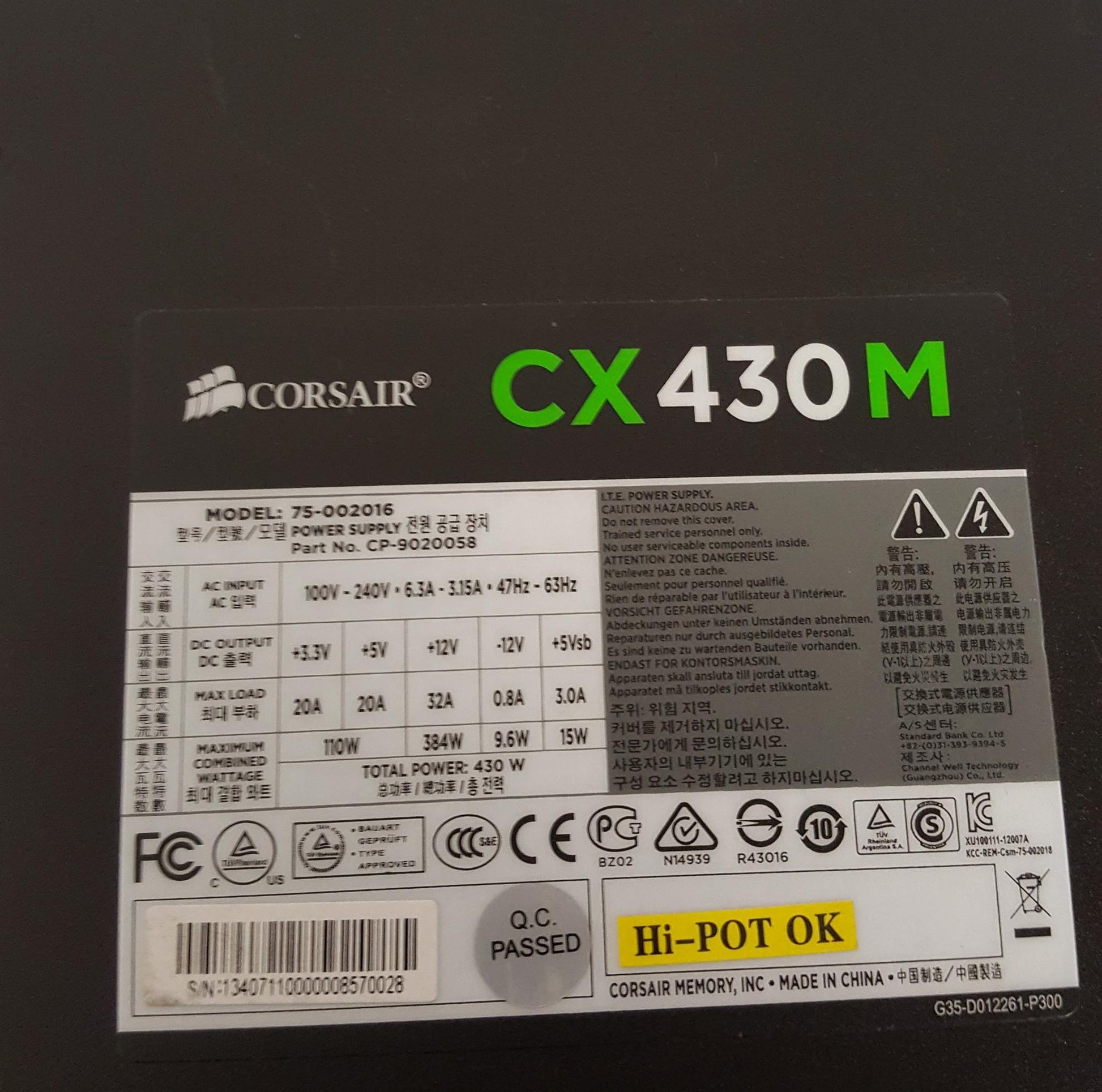 Corsair CX430M 430W Desktop PSU ATX Power Supply Unit 75-002016 CP-9020058